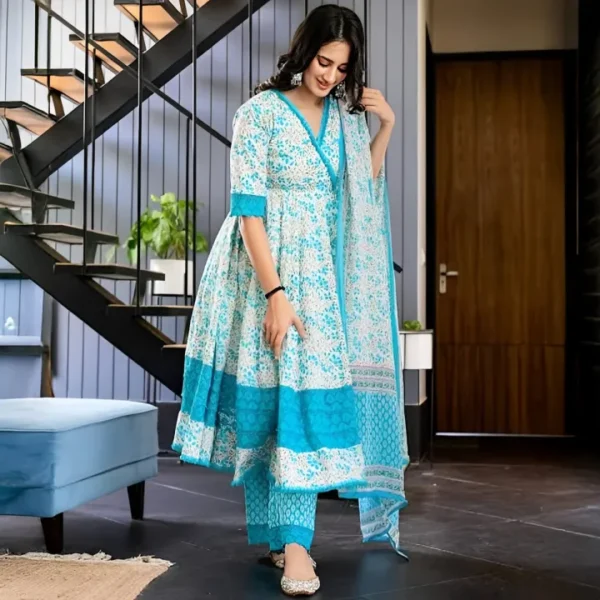 Linen Ready-Made Gown Designed Long Salwar Kameez Orna - Elegant Three-Piece Dress for Stylish Women/Girls
